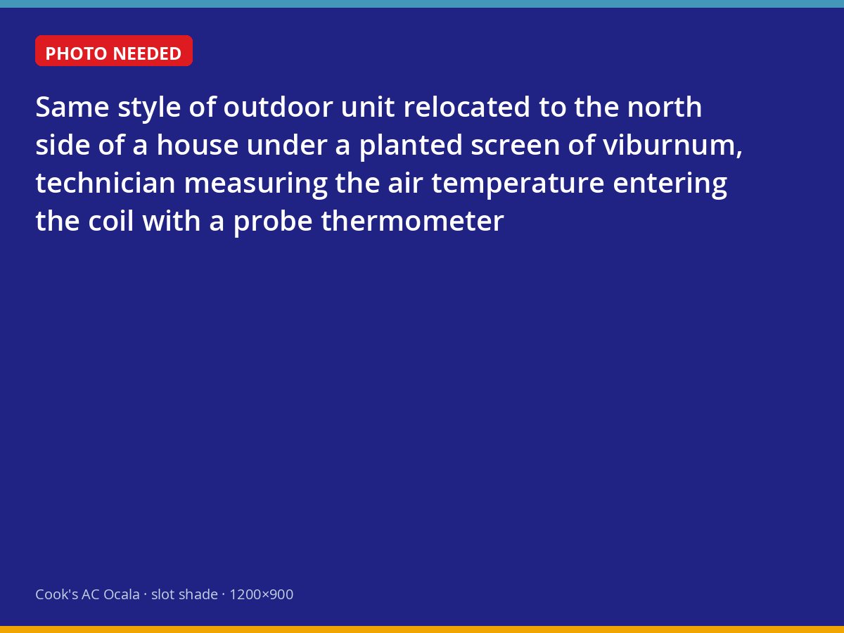 Technician measuring intake air temperature at a shaded outdoor unit on the north side of an Ocala home