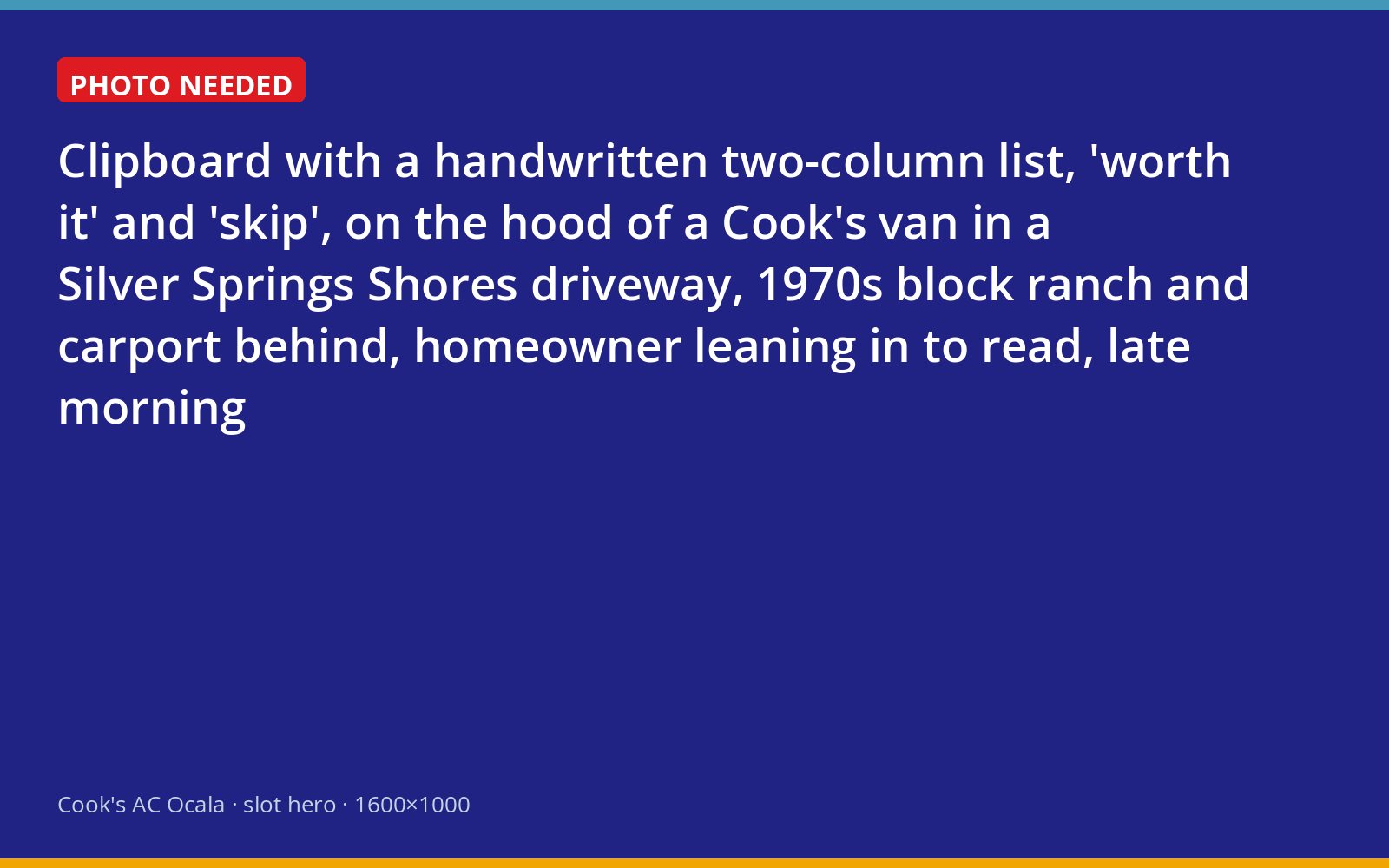 Handwritten worth-it versus skip list for an AC replacement on a van hood in Silver Springs Shores