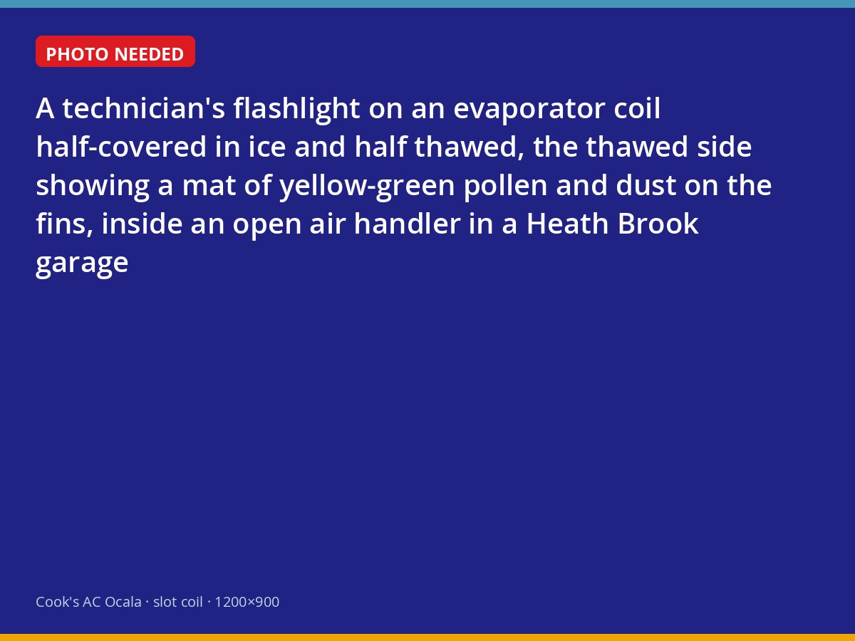 Evaporator coil with ice on one side and pollen-matted fins on the other