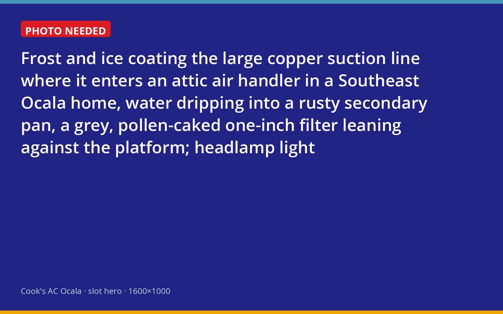 Frozen suction line at an attic air handler in Southeast Ocala with a pollen-clogged filter beside it