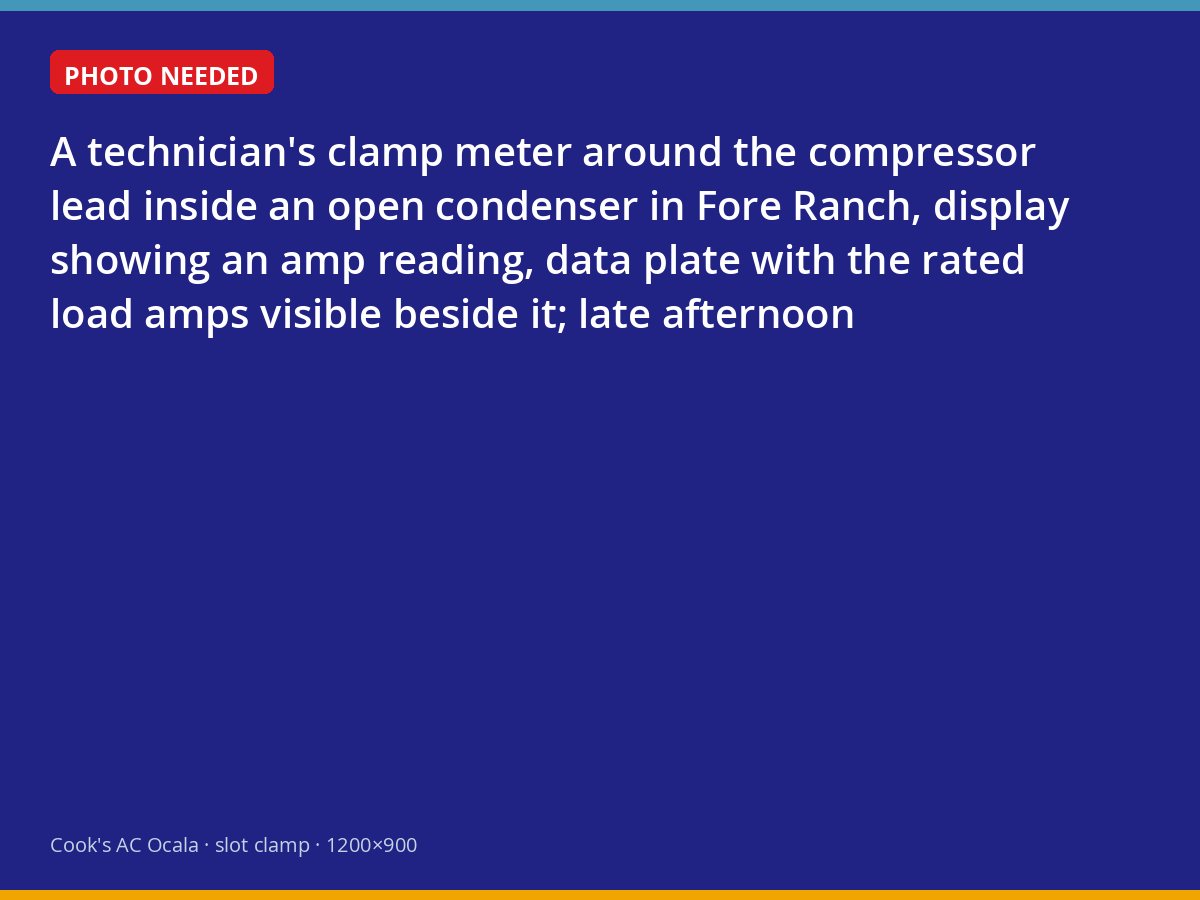 Technician measuring compressor amp draw against the rated load on a Fore Ranch condenser