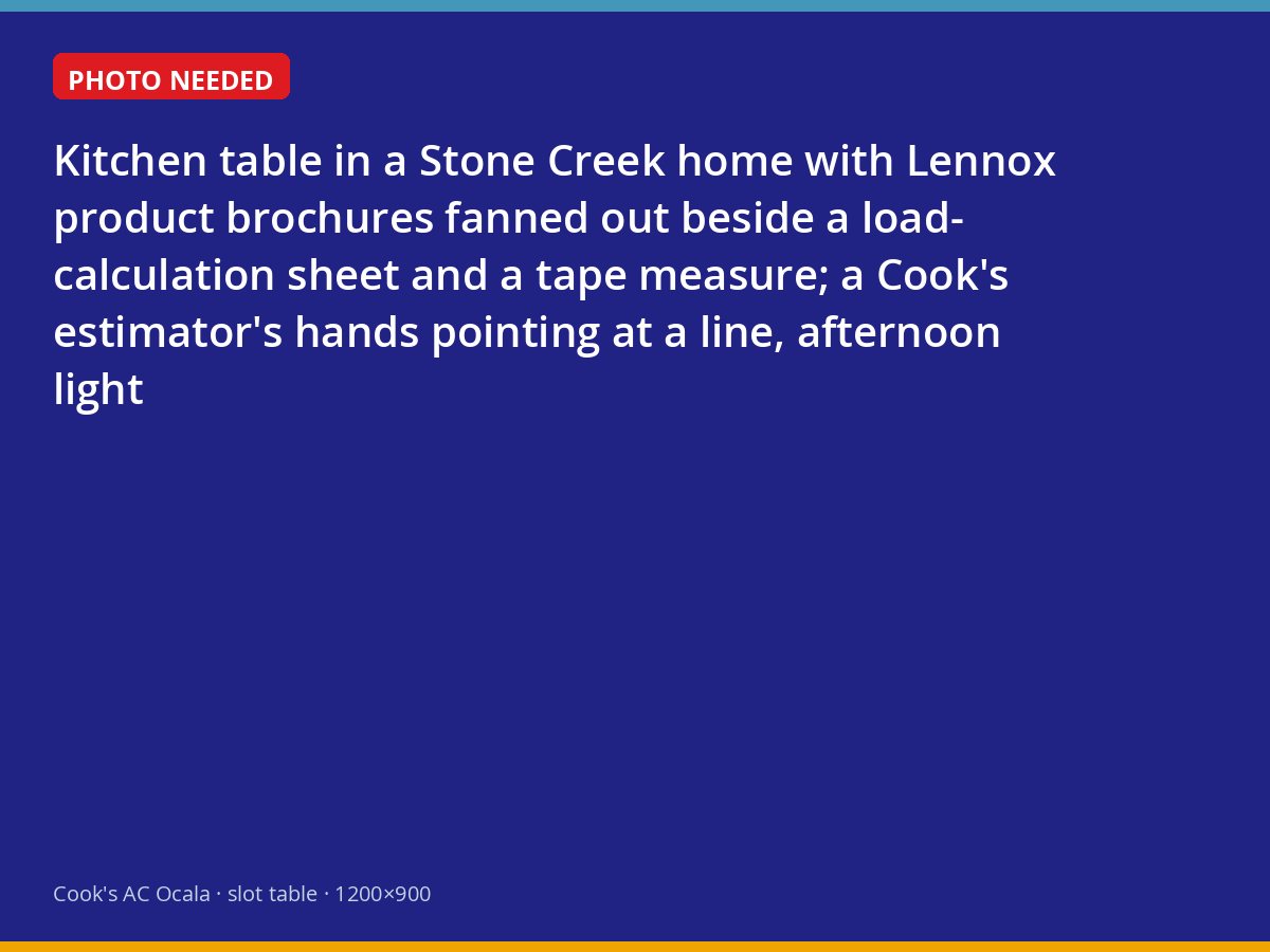 Lennox equipment brochures and a load calculation on a Stone Creek kitchen table