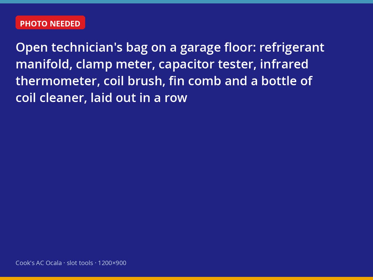 The tools carried on a Cook's heat pump maintenance visit, laid out on an Ocala garage floor